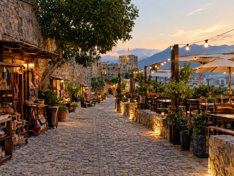Rrugica e restauruar me dyqane dhe tarraca brenda mureve të vjetra të Kalasë së Tiranës